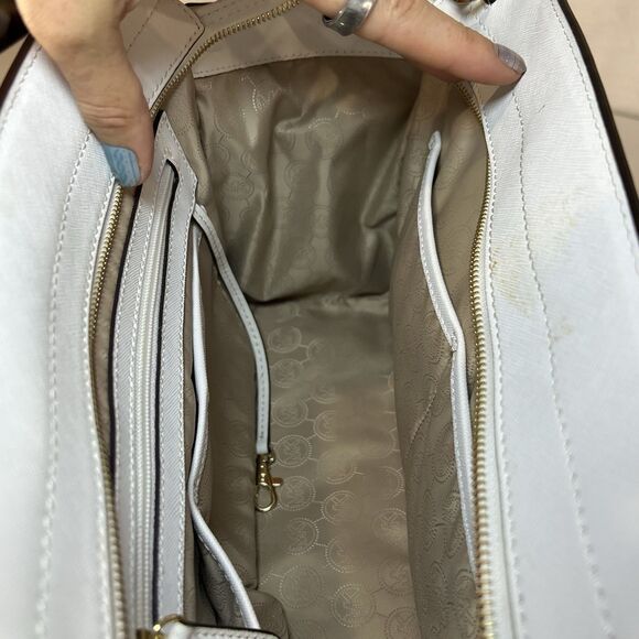 MICHAEL KORS Fuschia White Leather Selma Satchel Purse Long Strap & Dbl. Handles - Picture 13 of 16